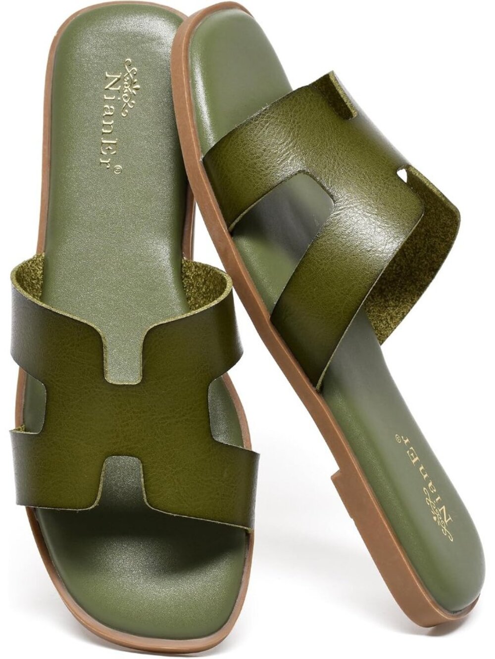 NianEr Women's Green Leather Comfortable Casual Summer Flats Sandals Shoes